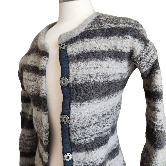 Sundance Chunky Sweater S fleece Gray Stripe Wool Alpaca Sweater Coat Snap - Picture 3 of 16
